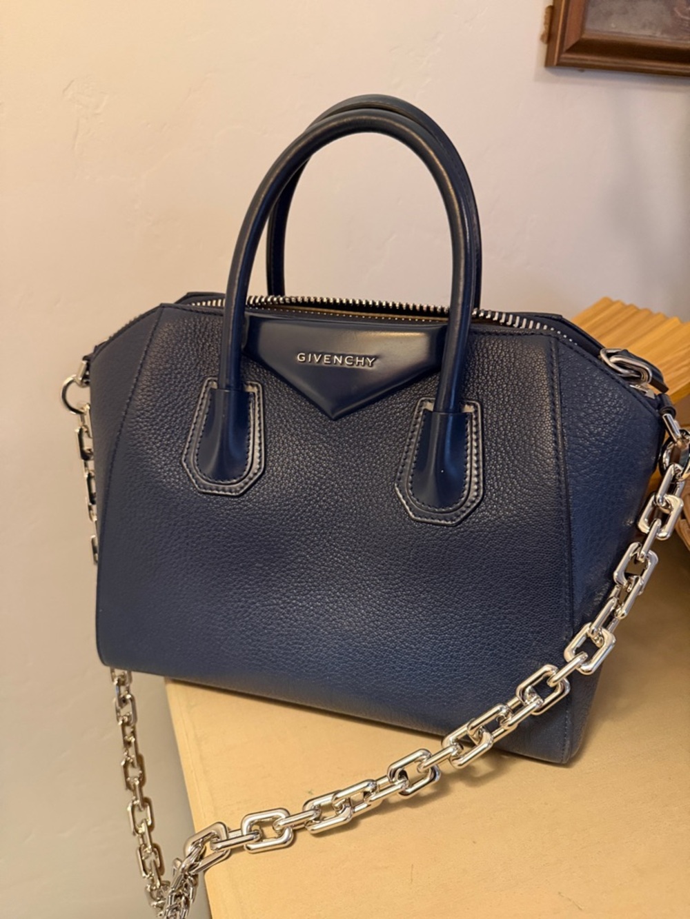Givenchy Navy Leather Satchel with Silver Chain Strap